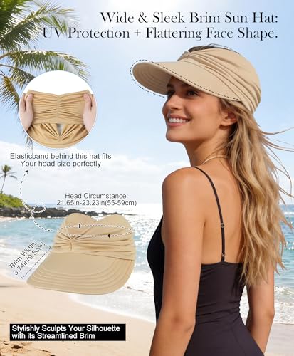 Zando Sun Visor Hats for Women - Beach Wide Brim Fashion Hat UV Protection Quick Dry Packable Summer Cap for Casual Sports - color: Beige