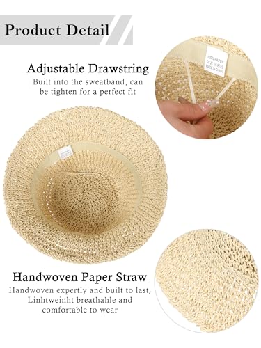 Rulala Fancy Womens Sun Hat Handmade Straw Bucket UV Protection Wide Brim Packable Travel Summer Cap for Beach UPF 50+ - color: Beige