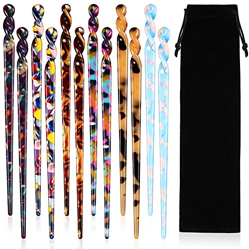 12 Pieces Acetate Hair Sticks Hair Chopsticks Tortoise Shell Leopard Print Shell Pins Vintage Chinese Chopstick Styling Accessories for Women, 6 Style(Vivid Pattern)
