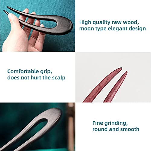 Wooden Hair Forks U Shape Hair Stick for Long Hair Handmade French Hairpin Wood Vintage Two Prong Hair Clip for Women Hair Accessories (2pack moon wooden hair fork)