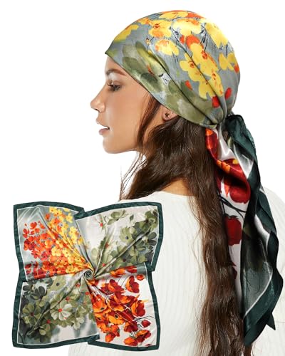 AWAYTR 35” Satin Head Scarf for Women Like Silk Scarf Hair Bandanas Women Large Square Neck Scarf Headscarf Head Wrap - color: Green
