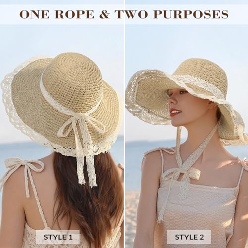 Beach Hats for Women - Beach Hat Womens UPF 50+ Lace Ribbon,Packable Sun Hat Women,Straw Hat for Women 2026 - color: Beige