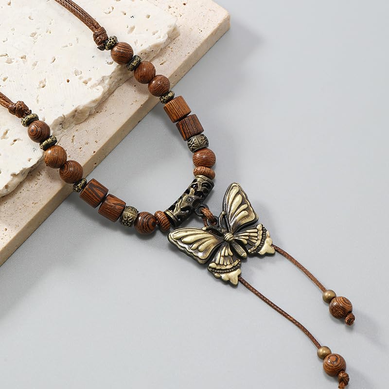 Leather Necklace with Stainless Steel Pendant for Men Women, Vintage Hemp Rope Tribal Choker Necklaces Adjustable 18-30 inch, Clasp-Free Long Necklace - color: Butterfly Pendant