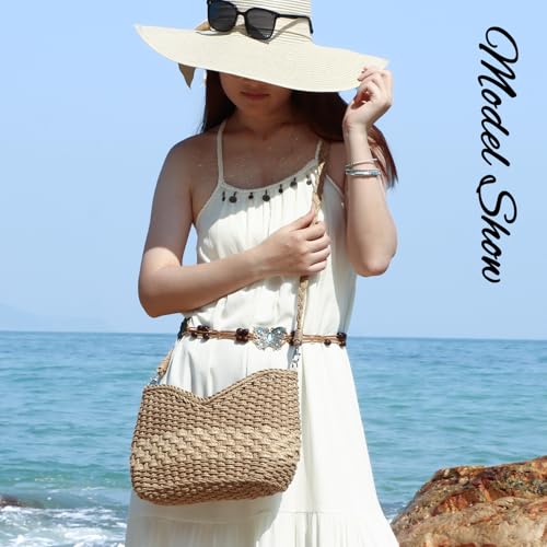 KUANG! Handmade Woven Shoulder Bag for Women Summer Beach Straw Purse Crossbody Handbag with Strap - color: Brown