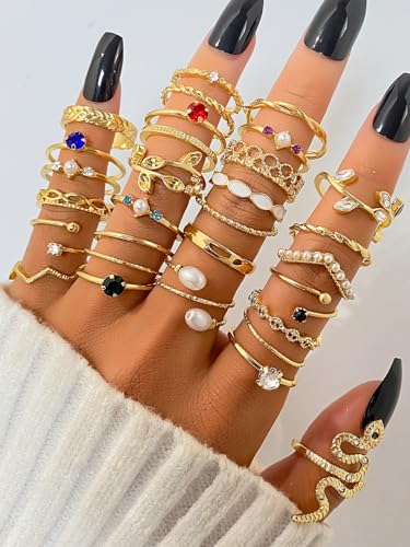 Gold Boho Sparkle Knuckle Rings Set For Women, Vintage Fashion Aesthetic Trendy Joint Snake Ring Pack, Retro Green Black Pink Colorful Rhinestone Star Crystal Leaf Diamond Pearl Jewelry - color: Gold-30Pcs
