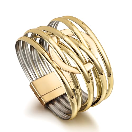 Edoneery Leather Wrap Bracelet for Women, Boho Handmade Multi-Layer Cuff with Crystal Beads Heart, Stackable Bangle Western Jewelry Gift - style: Circle PU(Gold)1