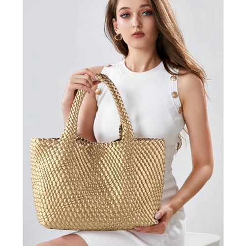 Handmade Woven Bag Satchel Handbag For Women Vegan Leather Tote Bag With Purses Travel Shoulder Bag Underarm Bag - color: Gold
