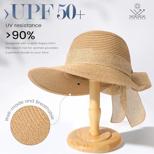 Beach Sun Straw Hats for Women, UPF 50+ UV Sun Protection Wide Brim Summer Straw Hat Foldable Packable Roll up Cap - color: Khaki Bow
