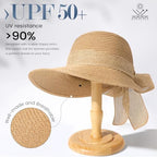 Beach Sun Straw Hats for Women, UPF 50+ UV Sun Protection Wide Brim Summer Straw Hat Foldable Packable Roll up Cap - color: Khaki Bow