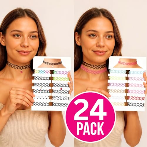 BodyJ4You 24PC Tattoo Choker Necklace - 90s Choker Necklaces Y2K Fashion Trendy Vintage - Daisy Flower Charm Colorful Rainbow Black Goth Pendant - Stretchy Elastic Necklace Summer Gift Set - color: Black, Rainbow, Pink, Purple, Green, Yellow