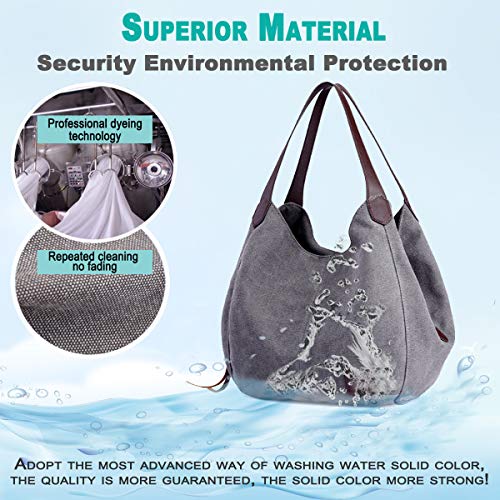 DOURR Women's Multi-pocket Shoulder Bag Fashion Cotton Canvas Handbag Tote Purse - color: Beige - Medium Size