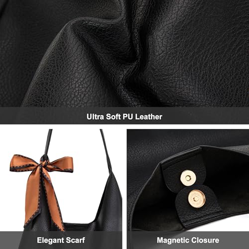 Montana West Slouchy Hobo Bag for Women Shoulder Purses and Handbags with Scarf - color: Jet Black