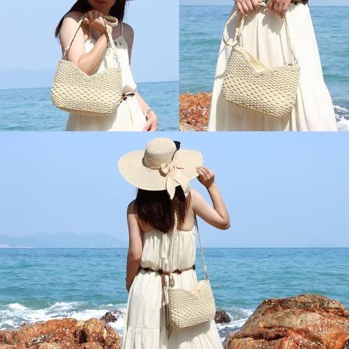 KUANG! Handmade Woven Shoulder Bag for Women Summer Beach Straw Purse Crossbody Handbag with Strap - color: Beige