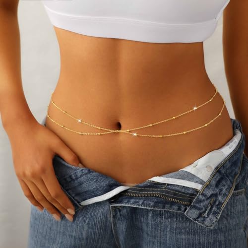 14K Gold Plated Waist Chain for Women Dainty 2Pcs Layered Belly Chain Beaded Pearl Body Chain Belt Set Waterproof Summer Beach Bikini Jewelry Accessories Adjustable Waist Beads Gift - style: Double Bead-GD