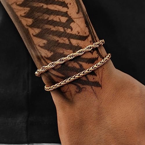 2Pcs Stainless Steel Bracelets for Men 14K Gold Plated Cuban Link Figaro Rope Silver Chain Bracelet Set Curb Width Sturdy Bracelet 7.5/8.3/9 Inches Jewelry Gifts for Dad Husband - color: E:Gold-Rope Link, size: Display Length: 9.0 Inches