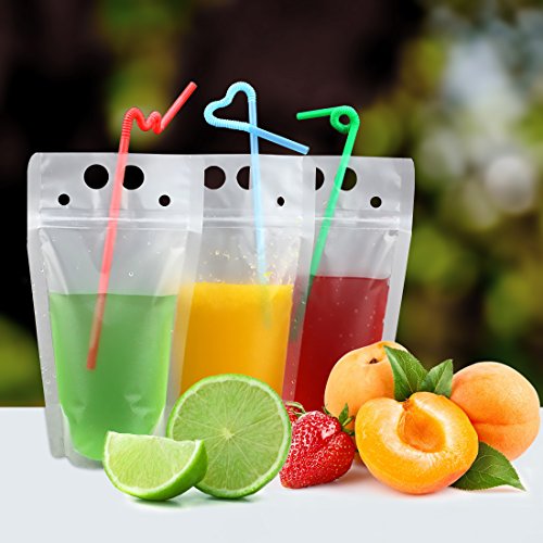 100 Pcs Drink Pouches with 100 Straw Holes, Freezable Juice Pouches, Translucent Reclosable Zipper Plastic Pouche Drink Bags for Cold & Hot Drinks for Adults and Kids - color: 100pcs Drink Pouches