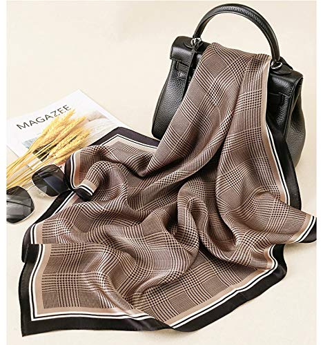ANDANTINO 100% Mulberry Silk Square Scarf for Hair-25.6" X25.6'' Women Men Natural Silk Neckerchief Digital Printed Headscarf - color: Coffee-check