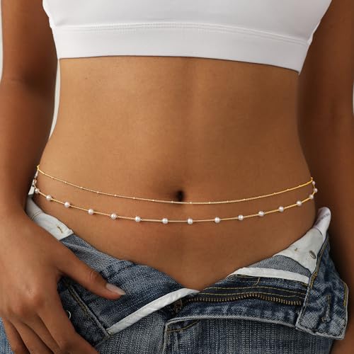 14K Gold Plated Waist Chain for Women Dainty 2Pcs Layered Belly Chain Beaded Pearl Body Chain Belt Set Waterproof Summer Beach Bikini Jewelry Accessories Adjustable Waist Beads Gift - style: 2Pcs Bead&Pearl-GD