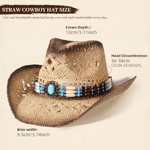 Straw Cowboy Hat for Men Womens Straw Cowgirl Hat Summer Western Cowboy Hats with Wide Brim for Cowgirls and Cowboys - color: Beige 3#