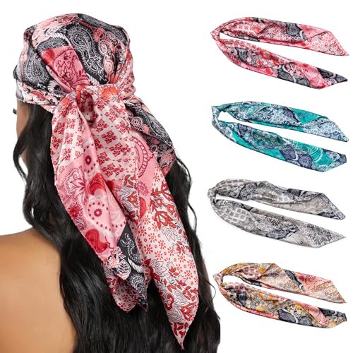 HBselect 4PCS Head Scarf for Women 35” Head Scarves Silk Like Satin Neck Scarfs Square Bandana Hair Wraps Scarf for Sleeping - color: Pink, Grey, Blue, Rose Red