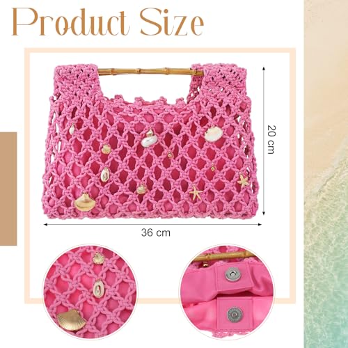 Women Crochet Woven Mesh Handbag Summer Seaside Beach Vacation Straw Tote Purse Wedding Party Gift - color: Pink