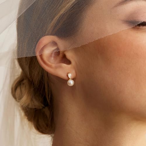 Hayopi Pearl Earrings for Women - Dainty Gold Dangle Drop Earrings, 14k Gold Plated Cute Bow Design, Hypoallergenic Pearl Studs, Wedding Jewelry Gifts - color: GOLD-Small CZ Drop pearl