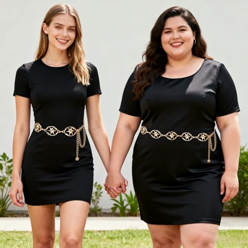 LIMHOO Women's Metal Waist Chain Belts Gold Silver Link Belt for Dresses - color: Star Gold, size: S: Length 105cm/41.3in
