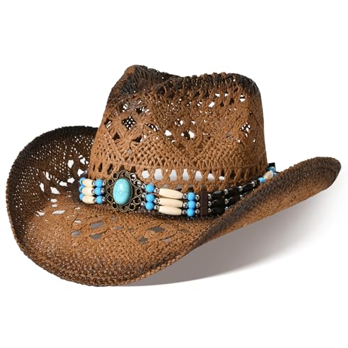 Straw Cowboy Hat for Men Womens Straw Cowgirl Hat Summer Western Cowboy Hats with Wide Brim for Cowgirls and Cowboys - color: Brown 3#