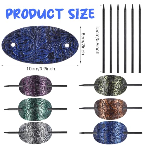 cobee 6 Pcs Leather Hair Barrettes with Stick, Handmade Hairpin Ponytail Holders Bohemian Hairs Barrette with Wood Slide Stick Square Shape Hair Accessories for Women