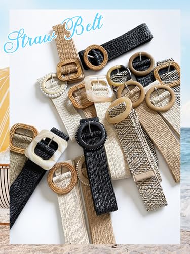 2/4 Pack Straw Woven Elastic Stretchy Waist Belts for Women, Fashion Boho Waist Belt Rattan Raffia Ladies Belts - color: Pattern5, size: Medium