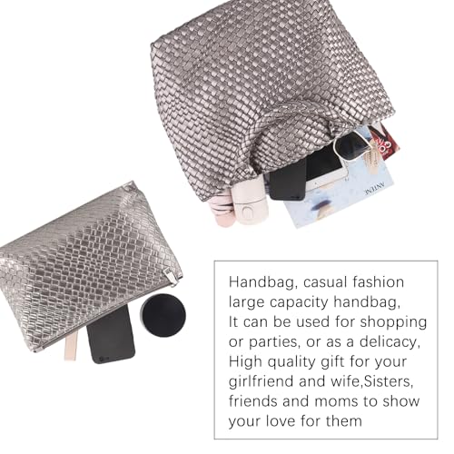 Handmade Woven Bag Satchel Handbag For Women Vegan Leather Tote Bag With Purses Travel Shoulder Bag Underarm Bag - color: Silver Grey-a
