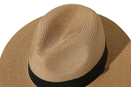 Lanzom Women Wide Brim Straw Panama Roll up Hat Fedora Beach Sun Hat UPF50+ - color: Brown/Black, size: One Size-Small