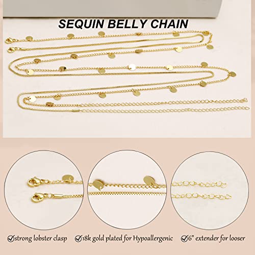 Honsny 2PCS 25-43Inch 18K Gold Plated Waist Chain Minimalist Pearl Belly Body Chain Gold Layered Sexy Bikini Body Chains Waist Jewelry for Women - color: E:Sequin, size: M(31-37INCH)