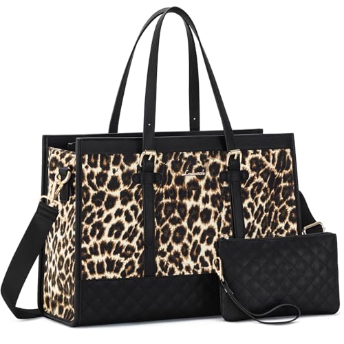 LOVEVOOK Laptop Bag for Women 15.6 inch Canvas Laptop Tote Bag, Large Capacity Work Bags with Clutch Purse, Computer Bags Office Business Briefcase, Casual Handbag for Travel College Teacher - color: Leopard, size: 15.6 inch