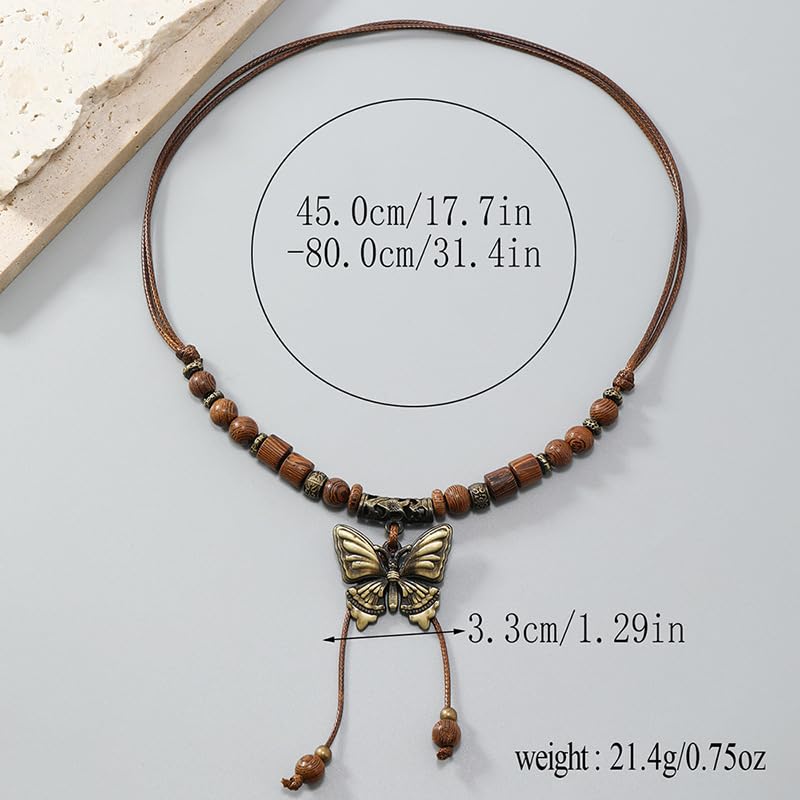 Leather Necklace with Stainless Steel Pendant for Men Women, Vintage Hemp Rope Tribal Choker Necklaces Adjustable 18-30 inch, Clasp-Free Long Necklace - color: Butterfly Pendant