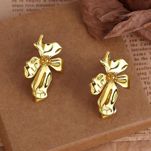 Gold Statement Earrings For Women 18K Gold Plated Sectored Flower Leaf Shell Angel Wing Earring Large Stud Earrings Hypoallergenic Stud - color: Dancing felower earring