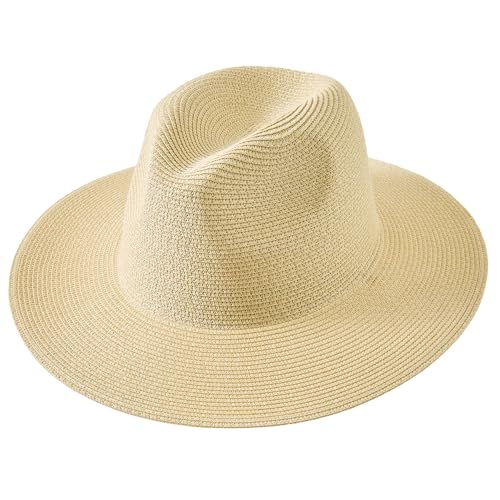 Lanzom Women Wide Brim Straw Panama Roll up Hat Fedora Beach Sun Hat UPF50+ - color: Khaki Without Band, size: Large-X-Large