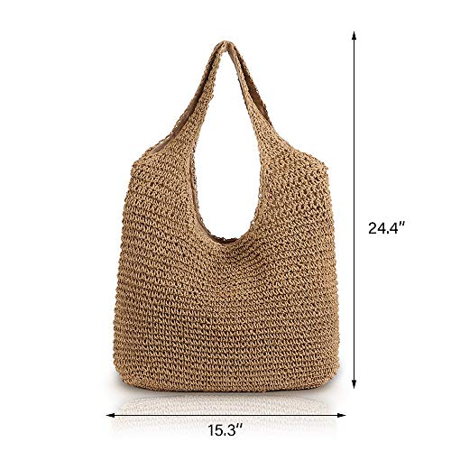 Hand-woven Soft Large Straw Shoulder Bag Boho Straw Handle Tote Retro Summer Beach Bag Rattan Handbag - color: Beige,khaki