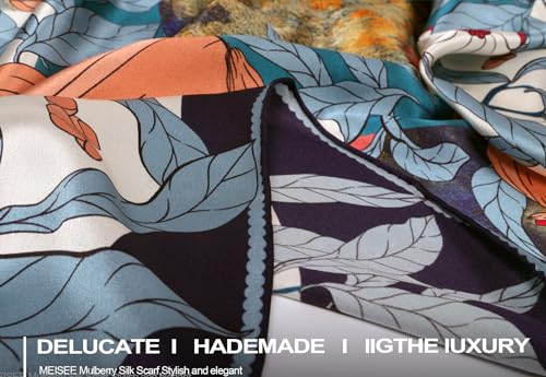 100% Pure Mulberry Silk Scarf 43”*43” Large Square Lightweight Headscarf Women’s Hair Wraps Shawls with Gift Packed - color: Fresh Dark Blue Flowers