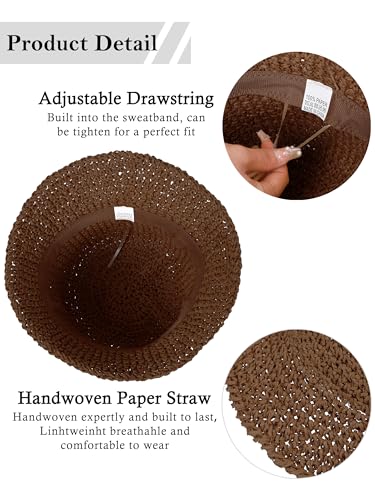 Rulala Fancy Womens Sun Hat Handmade Straw Bucket UV Protection Wide Brim Packable Travel Summer Cap for Beach UPF 50+ - color: Coffee