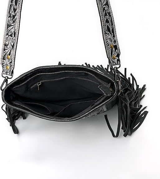 Merbaa Berlin hand-carved Fringed Shoulder Bag Natural Cowhide Hand Bag with Floral Hand Tooling - color: Black