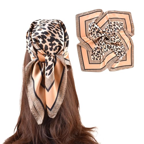27.5 Inches Silk Head Scarf for Women Satin Hair Scarf Silk Wrap Neck Square Scarves Feeling Scarf Boho Headwear - color: Leopard Print. - Brown
