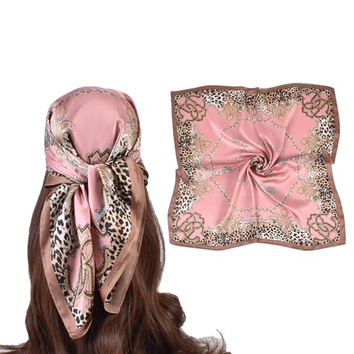 27.5 Inches Silk Head Scarf for Women Satin Hair Scarf Silk Wrap Neck Square Scarves Feeling Scarf Boho Headwear - color: Pink-leopard Print Chain
