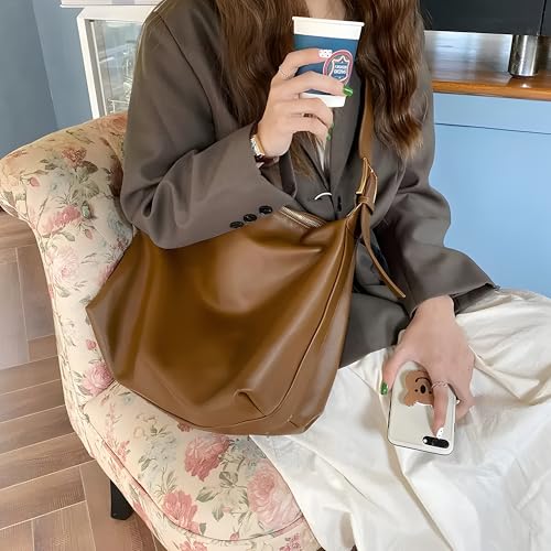 Hobo Bags for Women Leather,Foldable Slouchy Shoulder Purse Crossbody Handbag,Soft Vegan Brown Tote Casual Everyday Handbags - color: Wy22-c