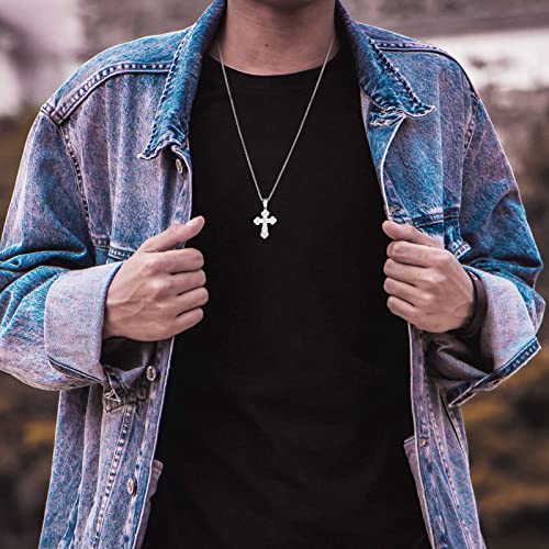 Men's Orthodox Cross Pendant Necklace - Trendy Religious Cross Chain,Hypoallergenic Waterproof Stainless Steel Christian Long Necklaces,Non Tarnish Byzantine Cross Symbol Pendants Necklace for Him - color: Silver-new
