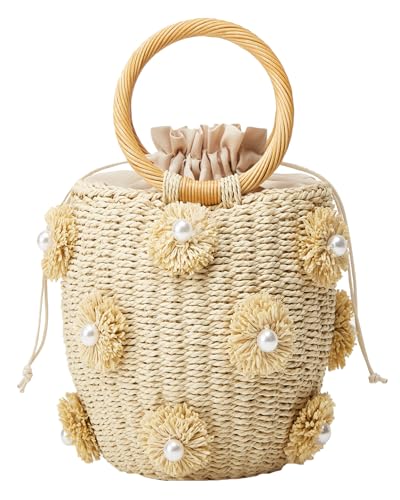 Summer Straw Bag for Women Pearl Flower Bucket Tote Bag Diamond Handbag Hand Woven Rattan Shell Purse Drawstring - color: A-beige