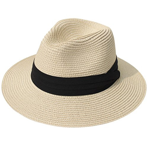 Lanzom Women Wide Brim Straw Panama Roll up Hat Fedora Beach Sun Hat UPF50+ - color: 01-fold Belt Khaki, size: Large-X-Large
