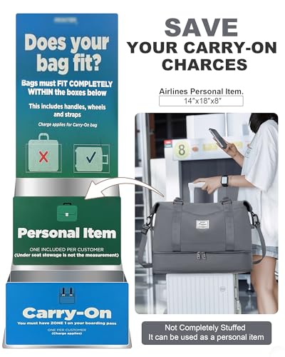 Spirit Travel Duffel - 18x14x8 Inches Weekender Overnight Bag with Shoes Compartment, Trolley Sleeve & Carry On for Airplanes, Sport Tote Gym Bag - Grey - color: H6-Grey, size: Large