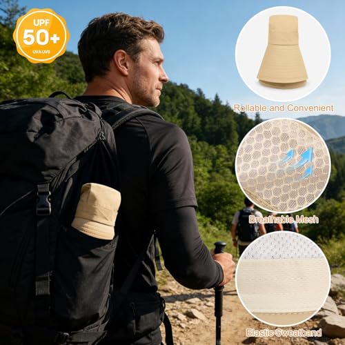 Sun Hat for Men Women UV Protection Wide Brim Fishing Hats Breathable UPF 50+ Boonie Bucket Hats Beach Safari Hiking Garden - color: 1 Pack Khaki