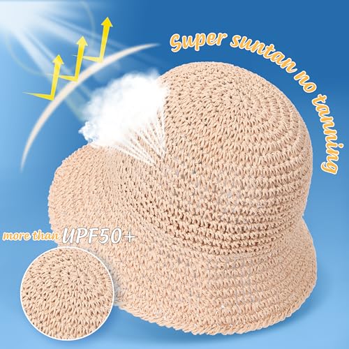 Rulala Fancy Womens Sun Hat Handmade Straw Bucket UV Protection Wide Brim Packable Travel Summer Cap for Beach UPF 50+ - color: Pale Dogwood